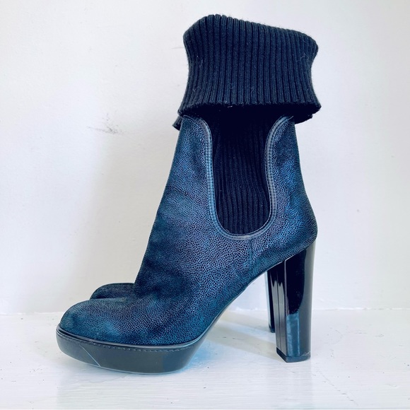 Hogan Platform High Heel Leather Sock Boot In Blue And Black Metallic Size 38 - Picture 2 of 16